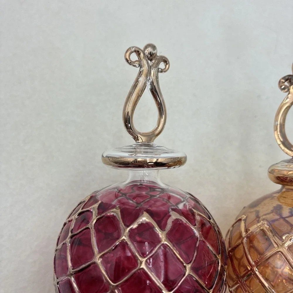 Vintage Hand Blown Glass Finial Christmas Ornaments Red Gold Lattice Set of 2